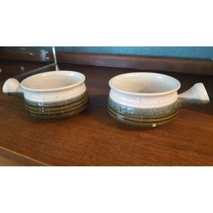 Vintage boho set stoneware soup bowls w/ handles